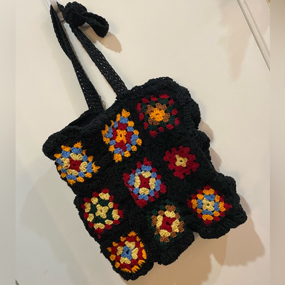 Vintage Handmade Crocheted Granny Square Crossbody Bag